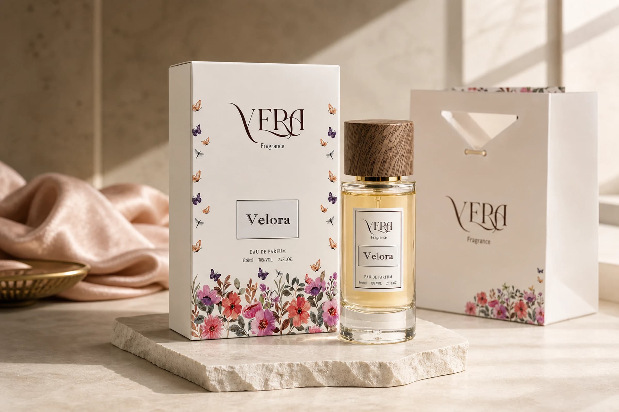 VERA fragrance packaging arranged in a warm shaded interior