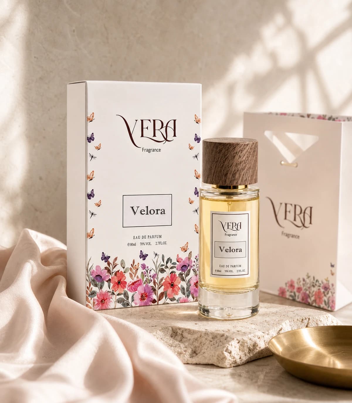 VERA Velora Eau de Parfum beside soft blush fabric